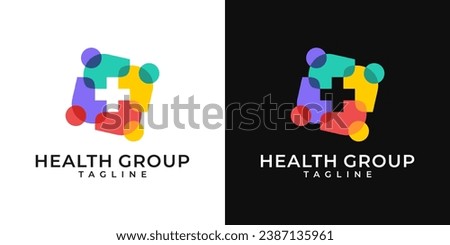 Medical healthcare community group logo. Plus sign logo with people design template. Vector logo of hospital, people, health care, cross symbol, colorful, fun, organic. Royalty-Free Stock Photo #2387135961