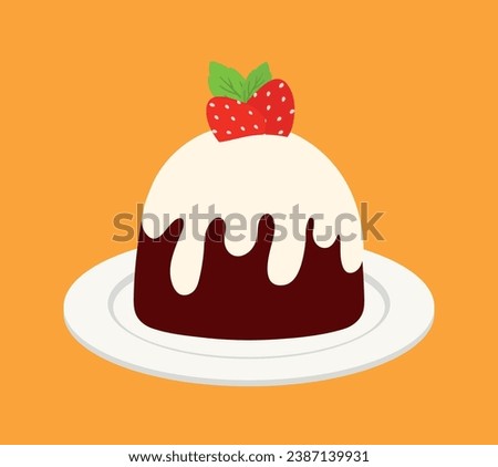 Flat hand drawn chocolate pudding with vanilla fla on white plate with strawberry topping sweet dessert food animated cartoon vector illustration isolated