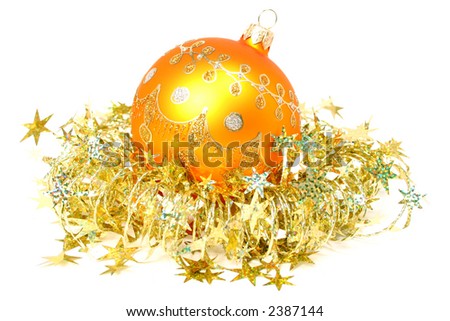 Celebratory sphere of yellow color and golden tinsel on a white background, (look similar images in my portfolio)