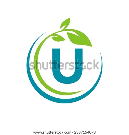 Eco Leaf Logo On Letter U Vector Template