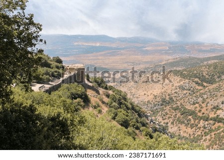View towards the Lebanese border from the fortress walls of the medieval fortress of Nimrod - Qalaat al-Subeiba, located near the border with Syria and Lebanon on the Golan Heights, in northern Israel