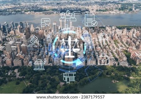 Aerial panoramic helicopter city view of Upper West Side Manhattan neighborhoods and Central Park, New York, USA. Hologram legal icons. The concept of law, order, regulations and digital justice