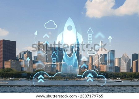 City view, downtown skyscrapers, Chicago skyline panorama over Lake Michigan, harbor area, day time, Illinois, USA. Startup company, launch project to seek, develop scalable business model, hologram