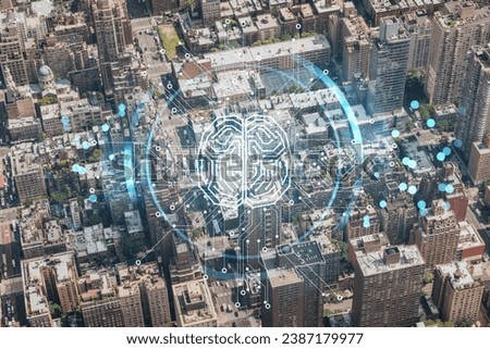 Aerial top view of New York City building roofs. Bird's eye view from helicopter of metropolis cityscape. Artificial Intelligence concept, hologram. AI, machine learning, neural network, robotics