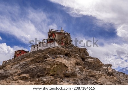 Landscape of Temple or Monastery, top of the mountain in Ladakh, Kashmir,India
