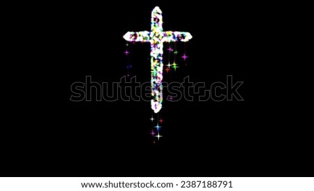 Beautiful illustration of Christmas cross symbol with colorful glitter sparkles and falling stars on plain black background