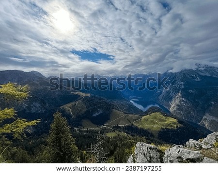 View from Jenner to Koenigssee and Watzmann, Berchtesgaden National Park, Berchtesgaden Alps, Schoenau am Koenigssee, Berchtesgadener Land, Bavaria, Germany, Europe Royalty-Free Stock Photo #2387197255