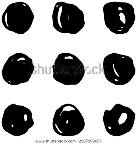 Set of round spots. Seamless repeating pattern. Black vector rough hand-drawn design element isolated on transparent background. Scratched shabby vintage illustration for overlay