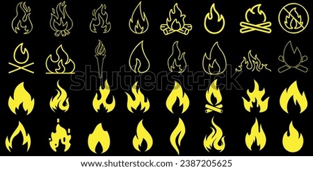  Fire, flames vector illustration, yellow, black background, perfect for logos, icons, design elements. Different types, burning, blaze, inferno, heat, hot, warm, fiery, bright, light, energy, power
