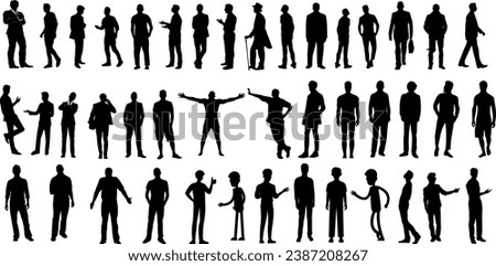  Man silhouette, vector illustration, multiple dynamic poses, isolated on white background. Perfect for graphic design, clip art, lifestyle activities, standing, walking, running, jumping, dancing