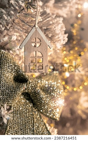 Christmas Tree, Lights and House for Rent or Sale, Eve New Year, selective focus.