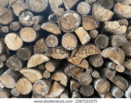 Full frame photo wallpaper of a stacked or piles wood logs cutted from the forest or woods nearby and storage for the cold winter to give heat and warm in the fireplace or chimney
