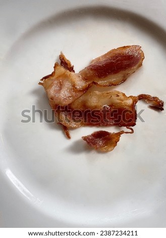Close-up top view of a just fried tasty crispy pork bacon food took from above. The top view of this delicious greasy breakfast food ready to eat is in the middle of a clean white plate