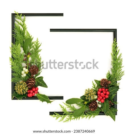 Abstract Christmas background frame traditional winter greenery, holly mistletoe ivy, on white. Happy holidays card, border, Noel, New Year holiday nature theme.
