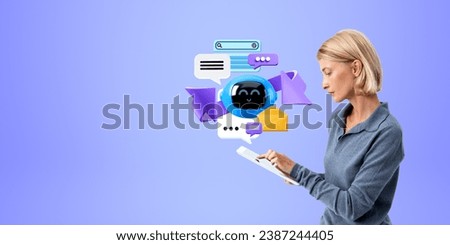 Young blond woman profile portrait finger touch tablet, working with chat bot, speech bubbles on empty blue background. Concept of virtual assistant, communication and request