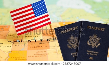 US passports with USA map and flag pinned stock photo