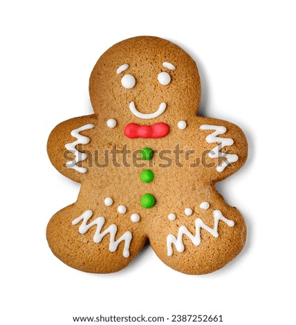 Cute fresh gingerbread man isolated on white background Royalty-Free Stock Photo #2387252661