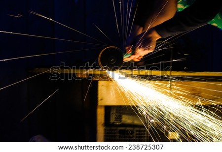Metal grinding on steel pipe close up