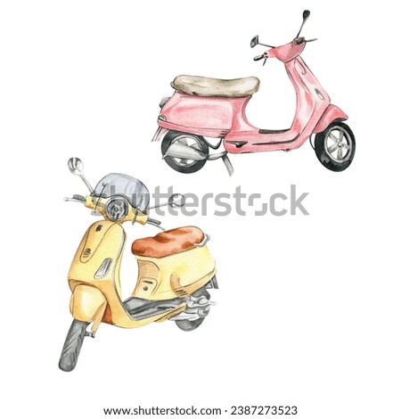 Watercolor retro scooter yellow and pink. Hand drawn illustration. Design for baby shower party, birthday, cake, holiday celebration design, posters, greetings card, invitation.
