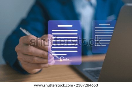 Digital signature e sign concept, business document online technology management electronic signature smart contract manager, Online sign with application. Businessman sign on e document on device.