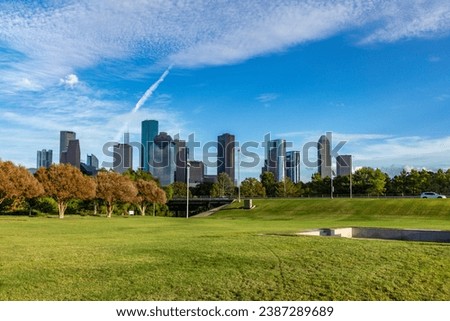 scenic skyline of Houston, Texas in morniong light seen from Buffalo bayou park