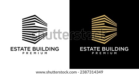 Letter E logo design template. Golden real estate building with letter E. Golden E logo isolated on black background. Logo design of investment, company, business, E, Financial.