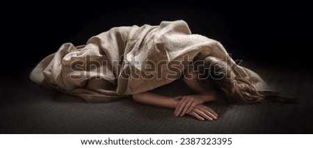 Young biblic lone tired lost fail guilt mourn grief mood feel weep cry teen lady lay floor ask beg God faith Poor sick body mental guilty fear sin ill pain prison drunk drug shame old bible slum night Royalty-Free Stock Photo #2387323395