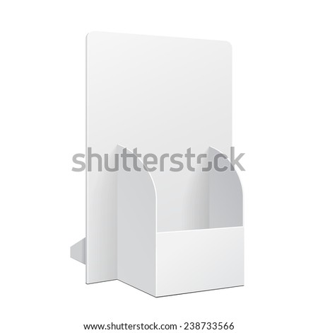 White POS POI Cardboard Blank Empty Show Box Holder For Advertising Fliers, Leaflets Or Products On White Background Isolated. Ready For Your Design. Product Packing. Vector EPS10 
