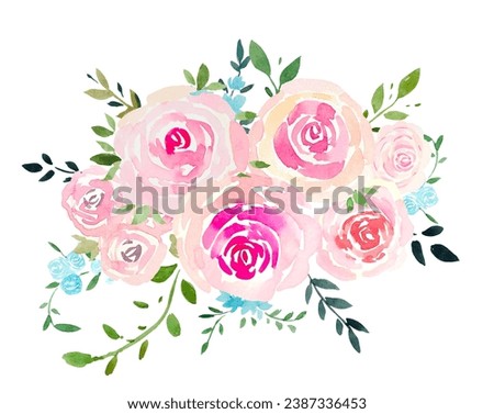 Beautiful bouquet with pink roses, watercolor card