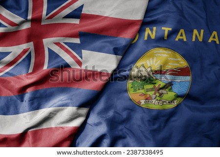 big waving colorful national flag of montana state and flag of hawaii state . macro