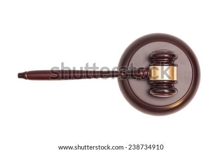 Wooden judge gavel and soundboard isolated on white background 