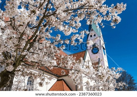 Sankt-Mang-Platz with the Protestant church of St. Mang.  The picture shows it in spring with cherry blossoms. 