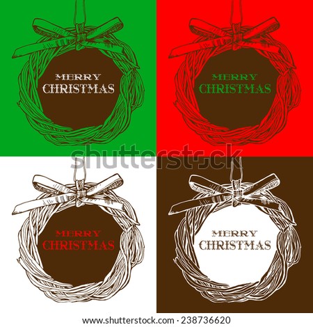 Hand-drawn Christmas wreath woven of twigs. Retro sketch. Christmas wreath with a ribbon and bow. Pattern in pop art style.