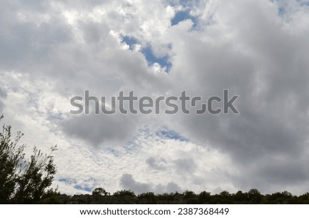 Sky view in a fairly dense cloudy weather. The sky covered with clouds like a white blanket, along with the lightly blowing clouds, seems like a harbinger of approaching rain. Royalty-Free Stock Photo #2387368449