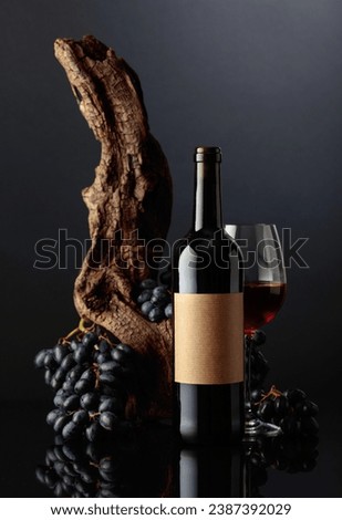 Bottle of red wine with old empty label. In the background old weathered snag and blue grapes.