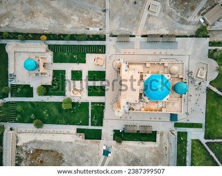 Aerial drone view of Mausoleum of Khoja Ahmed Yasavi in the city of Turkestan ancient building at South Kazakhstan