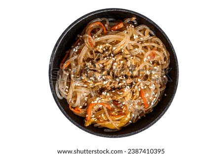 Soy glass noodles with shiitake mushrooms and chicken meat. Isolated, white background. Top view Royalty-Free Stock Photo #2387410395