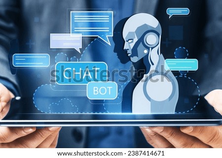 Close up of businessman hand holding tablet with creative glowing robot and chat ai hologram on blue pixels background. Machine learning, artificial intelligence and innovation concept