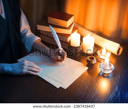 Close up top view past god biblical law mail notice page pray read space. Closeup age male arm hold nib inkwell scribe draw art diary teach notepad card author human man boy dark black wood desk table Royalty-Free Stock Photo #2387418437