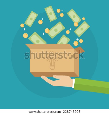 Flat design colorful vector illustration concept for crowdfunding, funding project by raising monetary contributions from crowd of people, investing into ideas isolated on bright background