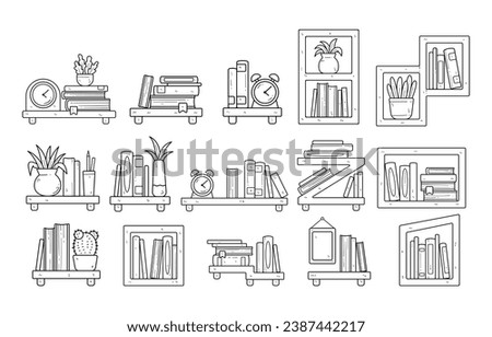 Bookshelves decoration with a hand-drawn outline sketch illustration set
