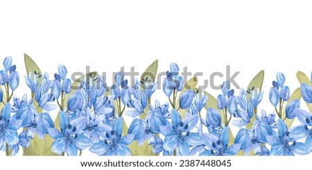 Watercolor blue flowers seamless border. Hand drawn spring flowers with green leaves for invitation, greeting card, packing design. Isolated clip art