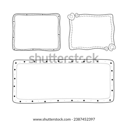 Set of vector frames in doodle style. Hand drawn frame collection isolated. Sketch of picture frame consists of lines, dots, squares and hearts.Blank black linear cadre in freehand.Vector illustration Royalty-Free Stock Photo #2387452397