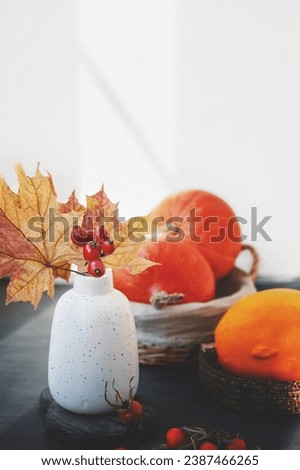 Autumn still life with leaves and pumpkin. Autumn still life with colorful bouquet of autumn bright leaves in vintage vase, pumpkins, side view. Copy space