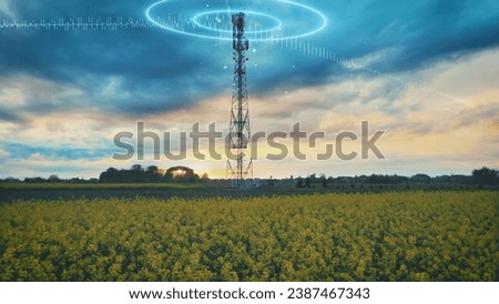 Telecommunication Tower transmitting wireless signals on the countryside - 3D render Royalty-Free Stock Photo #2387467343