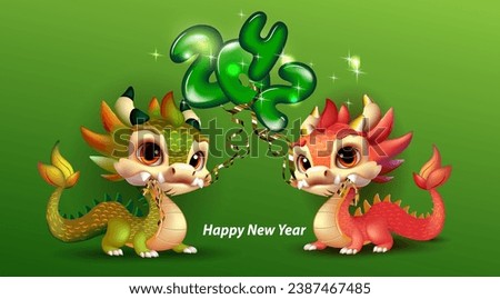 Two cute dragons with balloons " 2024" . Template design greeting card , banner, with the new year

