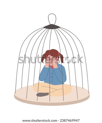 Child abuse. Domestic violence concept. Hostage. Kidnapped girl. Child neglect. Hostile envionment at home. Flat vector illustration. Royalty-Free Stock Photo #2387469947