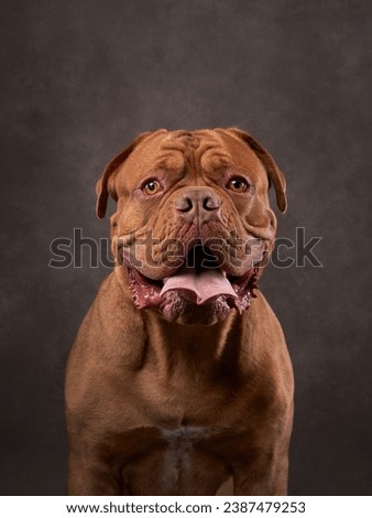 A jovial Dogue de Bordeaux dog in a studio, its smile wide. Wrinkles and warm eyes convey a friendly demeanor Royalty-Free Stock Photo #2387479253