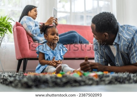 Portrait of enjoy happy love black family, play, having fun, daughter, parenthood, care, african american father and mother with little african girl child smiling moments good time at home