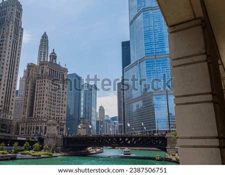 Chicago Skyline With The Chicago River and DuSable Bridge, Chicago, Illinois, USA Royalty-Free Stock Photo #2387506751